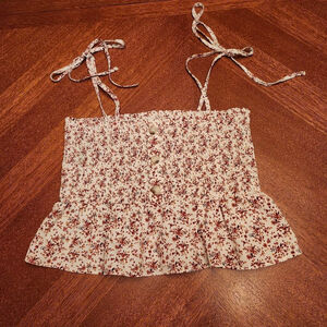 Women's Paper Crane White Red Floral Smocked Crop Top S A2